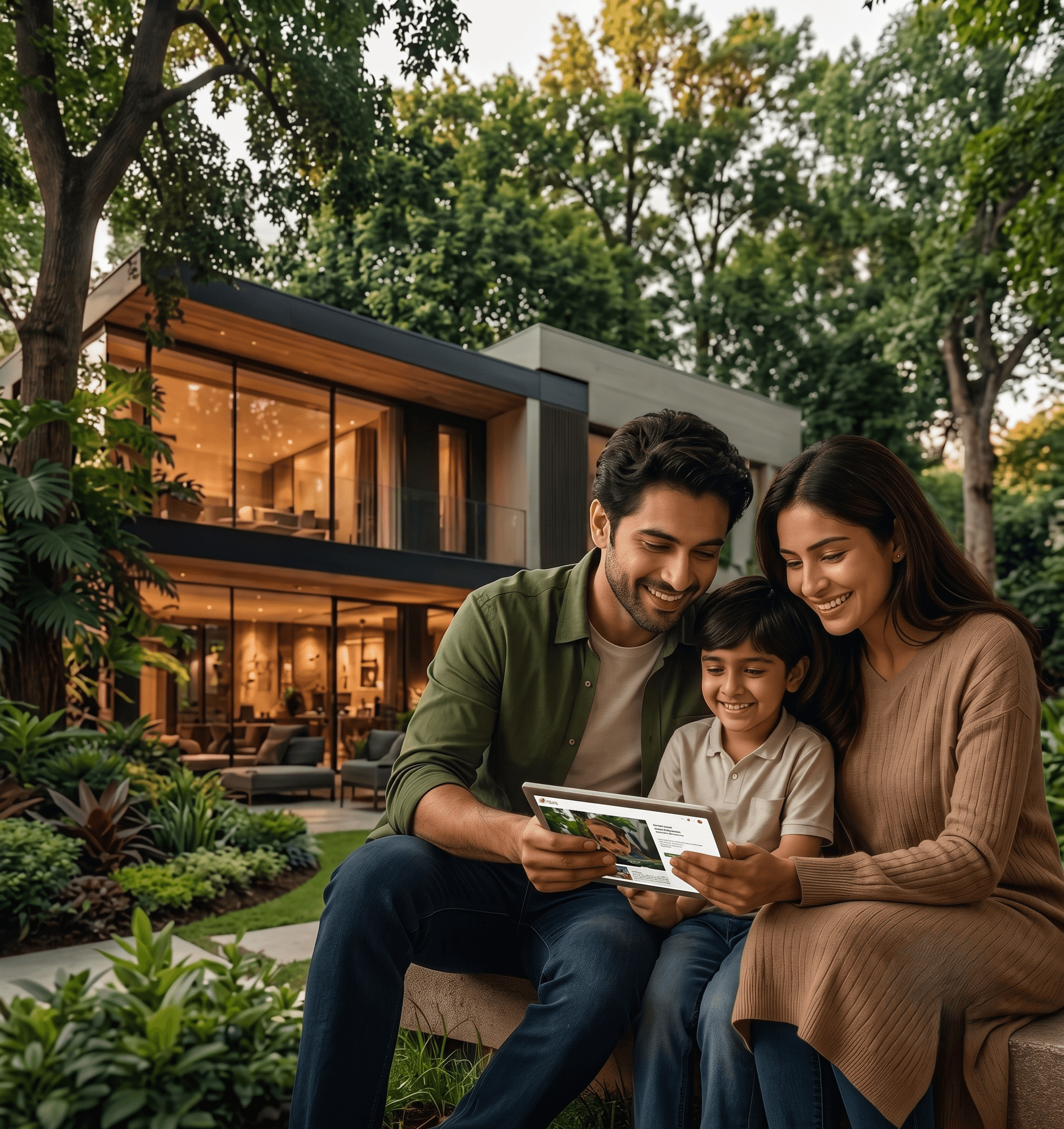 Family reviewing loan options in front of modern home